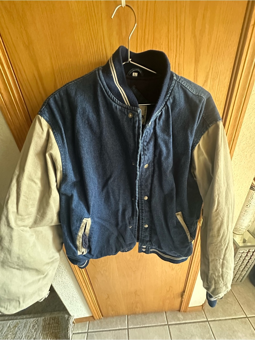 California Outerwear Men's Varsity Jacket Blue Gray Colorblock Snap Pockets L